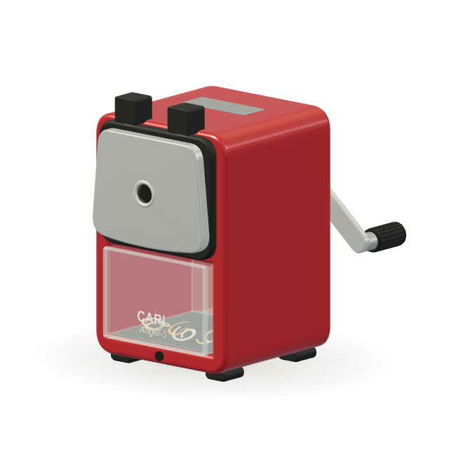 A cartoon-style red Carl Angel-5 pencil sharpener, with a chrome face, rear hand crank, and clear shavings drawer.
